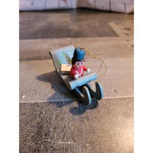 Wooden boy sled presents tree snow ornament xmas